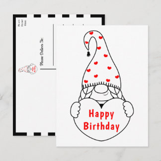 Cute Heart Cartoon Red Black Garden Gnome Birthday Postcard