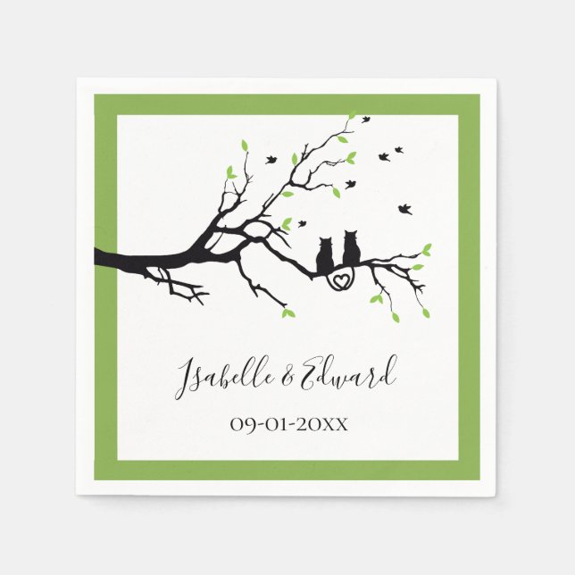 Cute Heart "Cats In Love"  In Tree Green Wedding Napkin (Front)