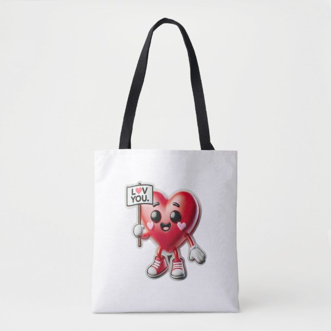Cute Heart Character Holding Love You Tote Bag (Front)