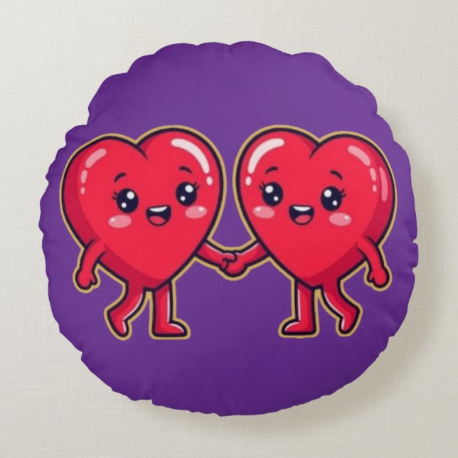 Cute Heart Characters Holding Hands Round Pillow (Front)