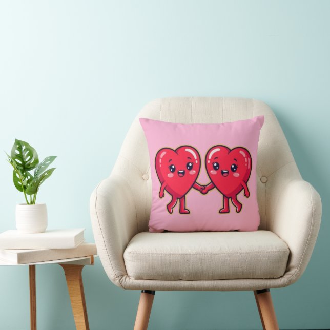 Cute Heart Characters Holding Hands Throw Pillow (Chair)