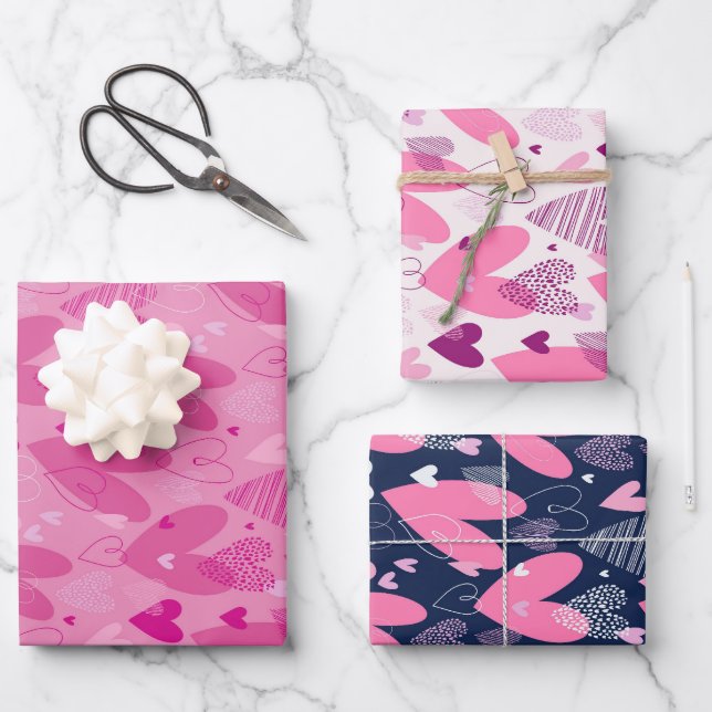 Cute Heart Doodle Pattern Pink Blue Valentines Day Wrapping Paper Sheet (Front)