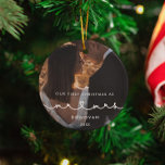 Cute Heart Font First Christmas as Mr & Mrs Photo Ceramic Ornament<br><div class="desc">Our first Christmas as Mr and Mrs,  newlywed milestone photo ornament. A modern typography with a cute heart for this photo ornaments collection. To customize with your favourite picture. You can also easily change the colour of the font to your liking.</div>