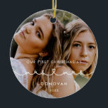 Cute Heart Font First Christmas as Mrs & Mrs Photo Ceramic Ornament<br><div class="desc">Our first Christmas as Mrs and Mrs,  newlywed milestone photo ornament. A modern typography with a cute heart for this photo ornaments collection. To customize with your favourite picture. You can also easily change the colour of the font to your liking.</div>
