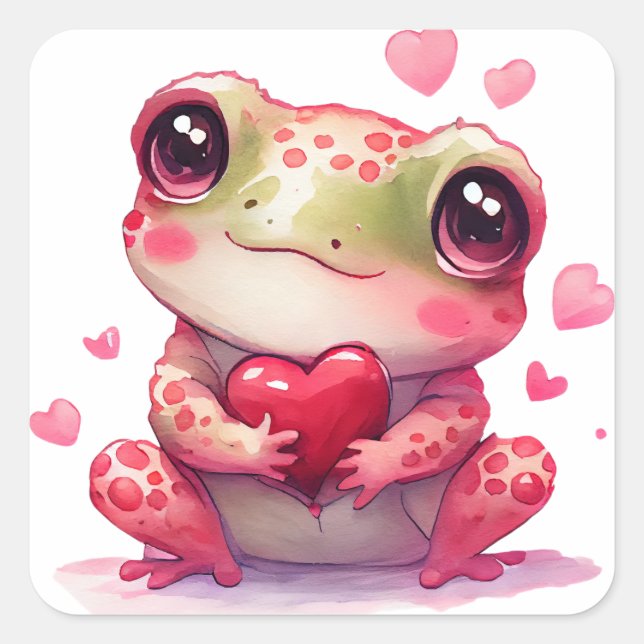 Cute Heart Frog Valentine Square Sticker (Front)
