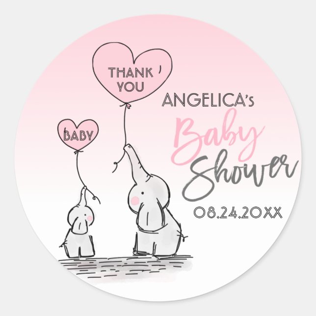 Cute Heart Girl Pink Elephant Mommy & Baby Shower Classic Round Sticker (Front)