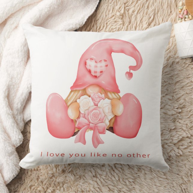 Cute Heart Gnome Valentine Personalized Photo Throw Pillow (Blanket)