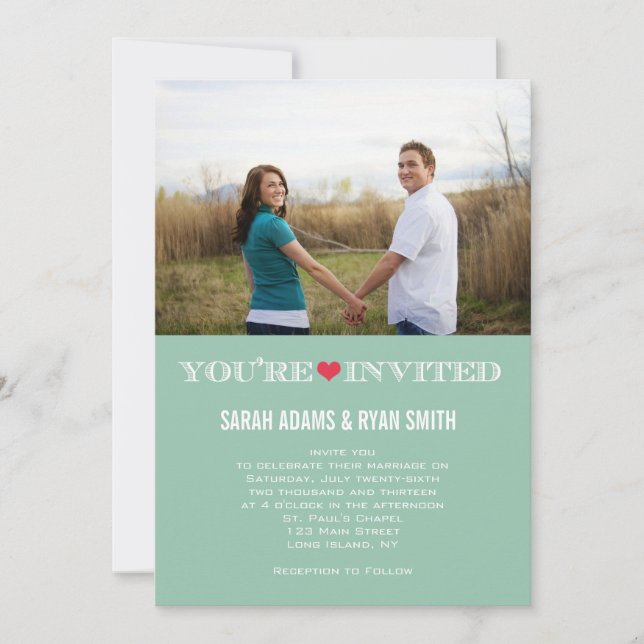 Cute Heart Green Red Wedding Photo Invitations (Front)