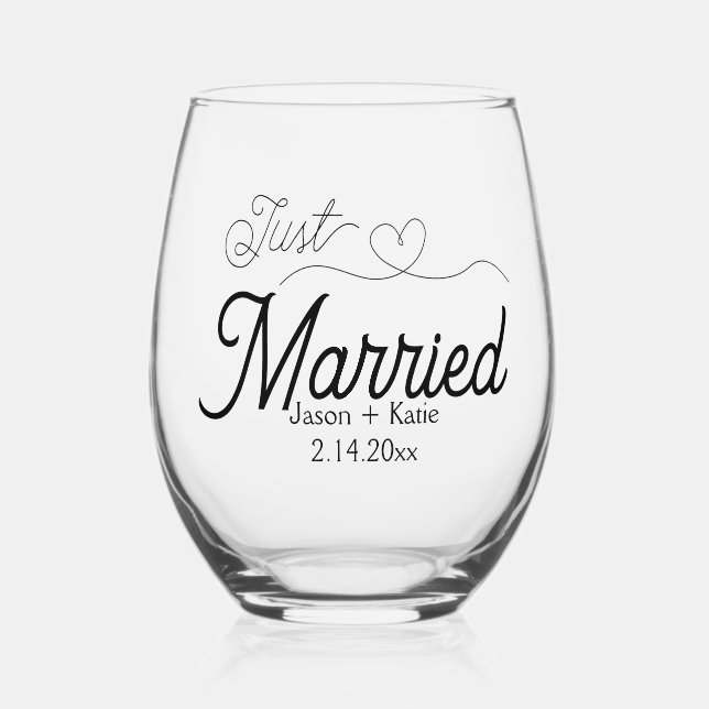 Cute Heart Just Married Script Names Wedding Day Stemless Wine Glass (Front)