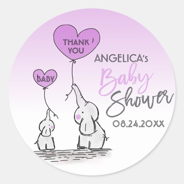 Cute Heart LAVENDER Elephant Mommy & Baby Shower Classic Round Sticker (Front)