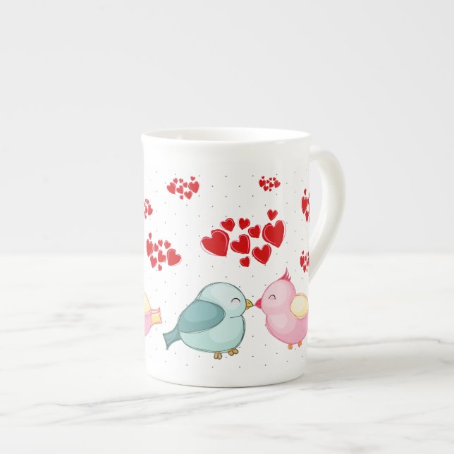 Cute Heart Love Bird Valentines Day Bone China Mug (Front Right)