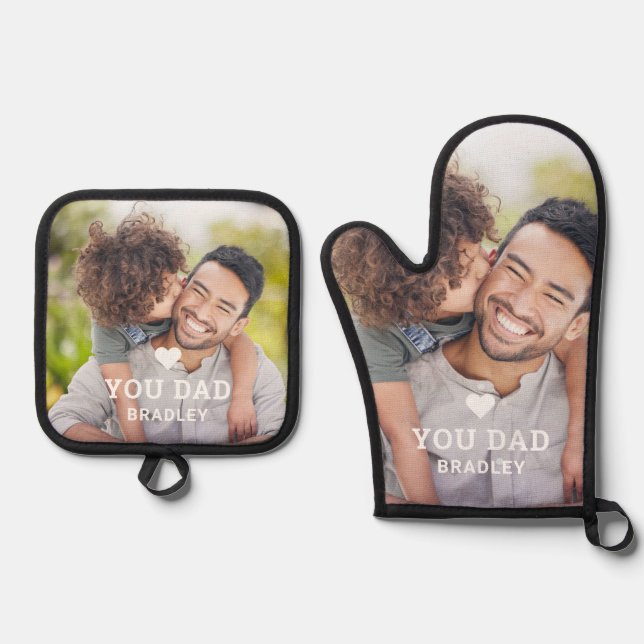 Cute HEART LOVE YOU DAD Photo Father's Day Oven Mitt & Pot Holder Set (Front)