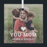 Cute Heart Love You Mom Mother's Day Photo Glass Ornament<br><div class="desc">Cute Heart Love You Mom Mother's Day Photo Ornaments features your favourite photo with the text "(love heart) you Mom" in modern white script with your names below. Personalize by editing the text in the text box provided and adding your own picture. Makes the perfect personalized gift for mom for...</div>