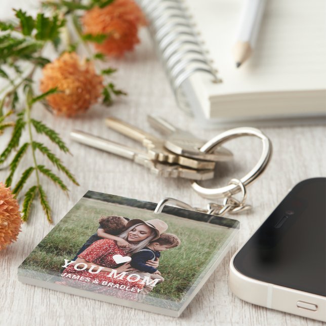 Cute HEART LOVE YOU MOM Mother's Day Photo Keychain (Front Right)