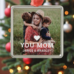 Cute Heart Love You Mom Mother's Day Photo Metal Ornament<br><div class="desc">Cute Heart Love You Mom Mother's Day Photo Ornaments features your favourite photo with the text "(love heart) you Mom" in modern white script with your names below. Personalize by editing the text in the text box provided and adding your own picture. Makes the perfect personalized gift for mom for...</div>
