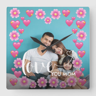 Cute HEART LOVE YOU MOM Mother's Day Photo  Square Wall Clock