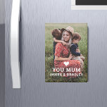 Cute HEART LOVE YOU MUM Mother's Day Magnet<br><div class="desc">Cute HEART LOVE YOU MUM Mother's Day Magnets features your favourite photo with the text "(love heart) you Mum" in modern white script with your names below. Personalize by editing the text in the text box provided and adding your own picture. Designed by ©2022 Evco Studio www.zazzle.com/store/evcostudio</div>