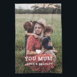 Cute HEART LOVE YOU MUM Mother's Day Photo Kitchen Towel<br><div class="desc">Cute Heart Love You Mum Mother's Day Photo Kitchen Towels features your favourite photo with the text "(love heart) you Mum" in modern white script with your names below. Personalize by editing the text in the text box provided and adding your own picture. Designed by ©2022 Evco Studio www.zazzle.com/store/evcostudio</div>