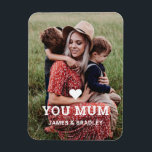 Cute HEART LOVE YOU MUM Mother's Day Photo Magnet<br><div class="desc">Cute Heart Love You Mum Mother's Day Photo Magnets features your favourite photo with the text "(love heart) you Mum" in modern white script with your names below. On the reverse personalize with your own message and add an additional photo. Edit the text to suit different occassions such as Christmas,...</div>