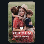 Cute HEART LOVE YOU MUM Mother's Day Photo Magnet<br><div class="desc">Cute Heart Love You Mum Mother's Day Photo Magnets features your favourite photo with the text "(love heart) you Mum" in modern white script with your names below. On the reverse personalize with your own message and add an additional photo. Edit the text to suit different occassions such as Christmas,...</div>