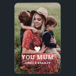 Cute HEART LOVE YOU MUM Mother's Day Photo Magnet<br><div class="desc">Cute Heart Love You Mum Mother's Day Photo Magnets features your favourite photo with the text "(love heart) you Mum" in modern white script with your names below. On the reverse personalize with your own message and add an additional photo. Edit the text to suit different occassions such as Christmas,...</div>