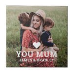 Cute Heart Love You Mum Mother's Day Photo Tile<br><div class="desc">Cute Heart Love You Mum Mother's Day Photo Decorative Tiles features your favourite photo with the text "(love heart) you Mum" in modern white script with your names below. Personalize by editing the text in the text box provided and adding your own picture. Makes the perfect personalized gift for mom...</div>