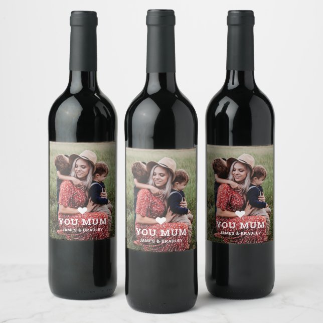 Cute Heart Love You Mum Mother's Day Photo Wine Label (Bottles)