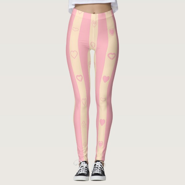 Cute Heart Modern Pink Stripe Leggings (Front)