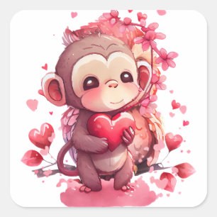 Cute Heart Monkey Valentine Square Sticker