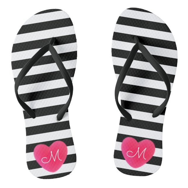 Cute Heart Monogram with Black and White Stripes Flip Flops (Footbed)