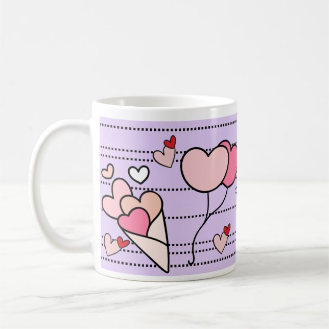 Cute Heart Motifs on Purple Coffee Mug (Left)