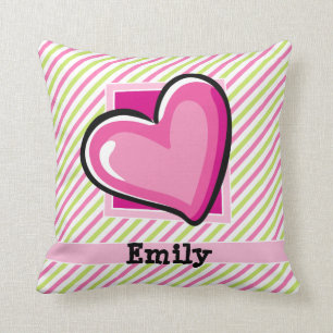 Cute Heart on Pink & Lime Green Stripes Throw Pillow