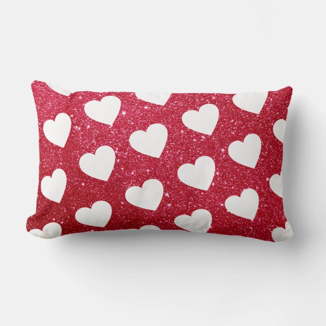 Cute Heart Pattern Red White Glitter Lumbar Pillow (Front)