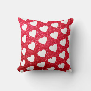 Cute Heart Pattern Red White Glitter Throw Pillow