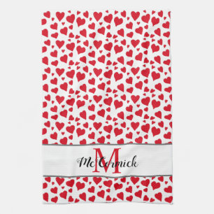 Cute Heart Pattern Red White Monogram Personalized Kitchen Towel