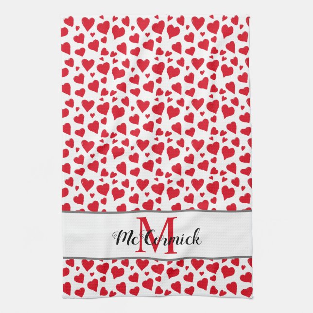 Cute Heart Pattern Red White Monogram Personalized Kitchen Towel (Vertical)