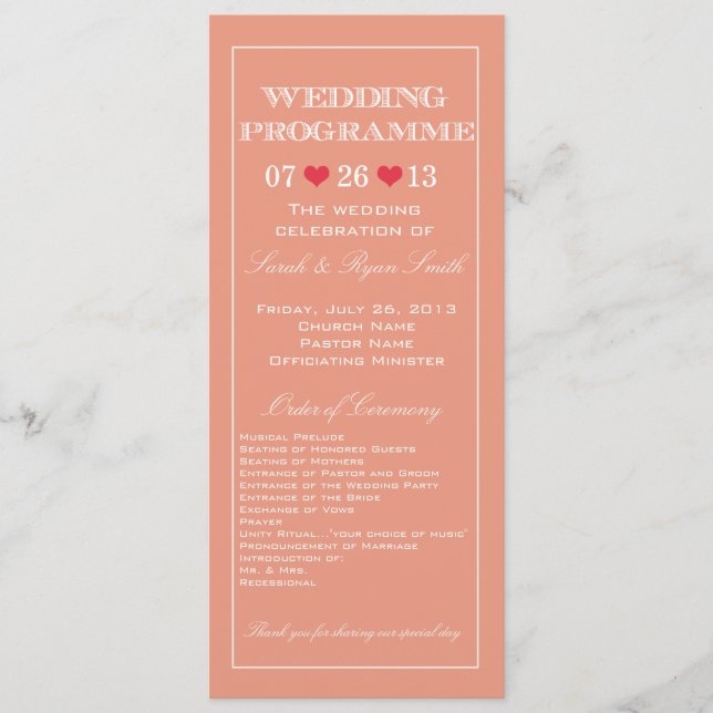 Cute Heart Peach Wedding Program (Front)