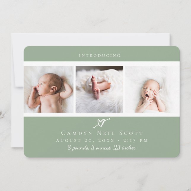 Cute Heart Photo Strip Birth Announcement Sage (Front)