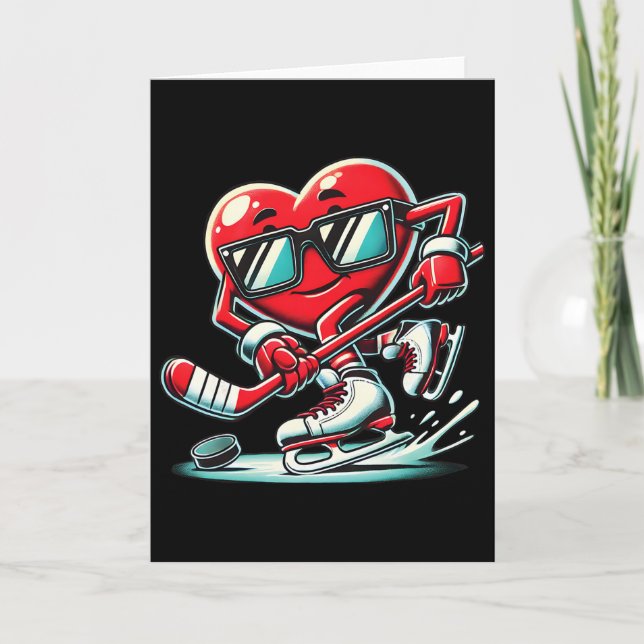 Cute Heart Playing Ice Hockey Valentine's Day Men  Card (Front)