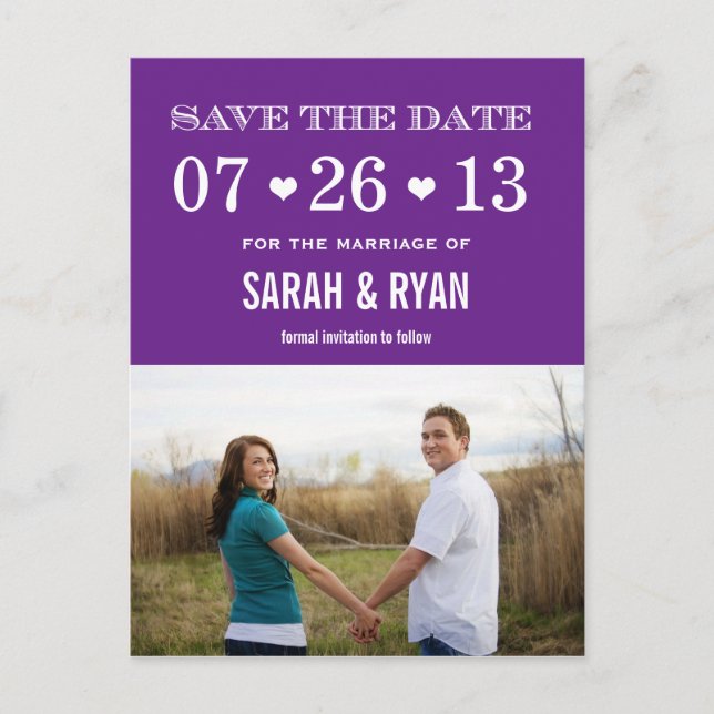 Cute Heart Purple Enregistrer la date Photo Cartes (Devant)