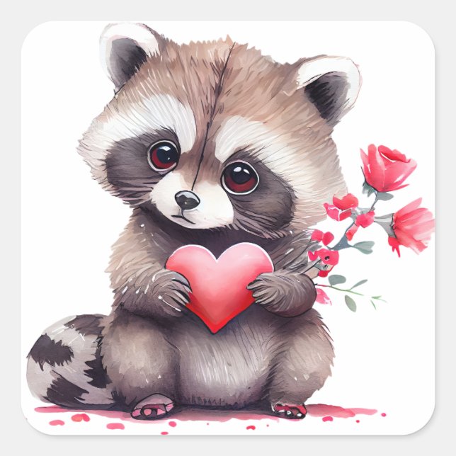 Cute Heart Raccoon Valentine Square Sticker (Front)