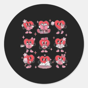 Cute Heart Reading Books Valentines Day Teacher Li Classic Round Sticker