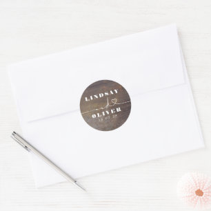 Cute Heart Script Brown Wood Rustic Wedding Classic Round Sticker