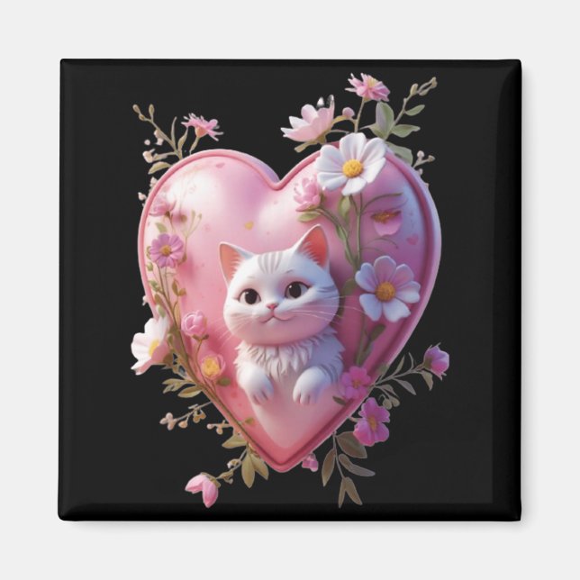 Cute Heart Shape with a cat Funny Unisex Design Magnet (Front)