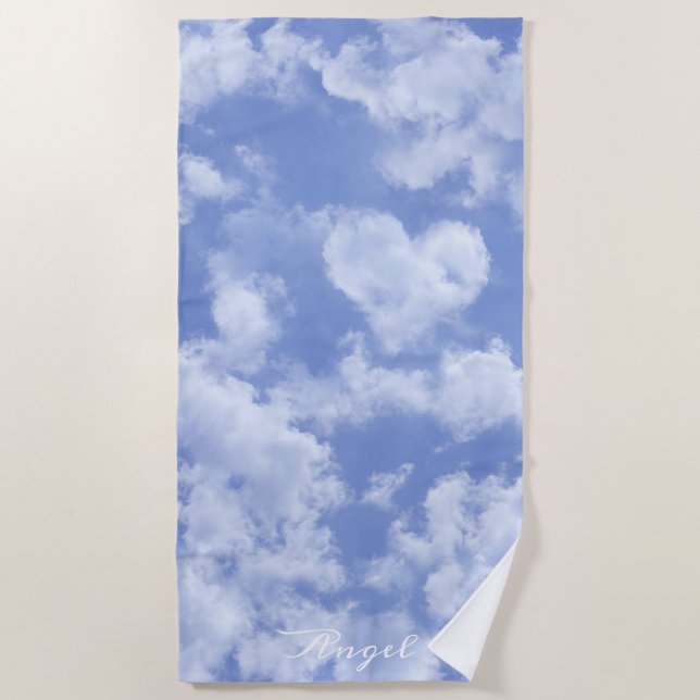 Cute Heart Shaped Cloud In Blue Sky Cheerful Happy Beach Towel (Front)