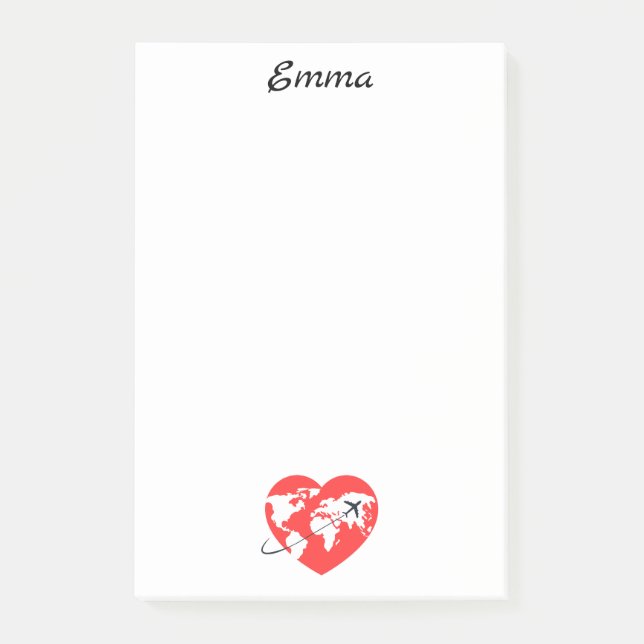 Cute Heart shaped Globe & airplane, Custom Name Post-it Notes (Front)