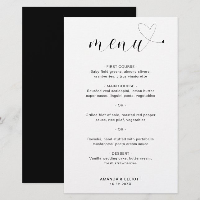 Cute Heart Simple Modern Mariage Menu (Devant / Derrière)