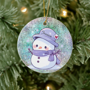 Cute Heart Snow Man Pastel Pattern Name Ceramic Ornament