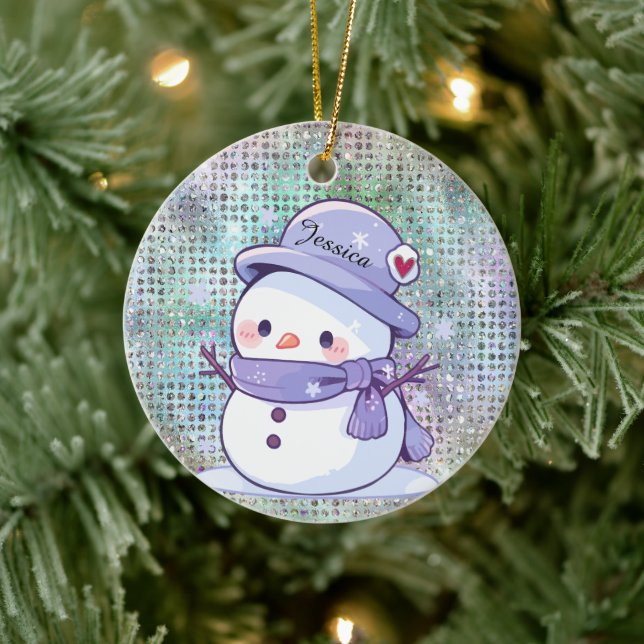 Cute Heart Snow Man Pastel Pattern Name Ceramic Ornament (Tree)