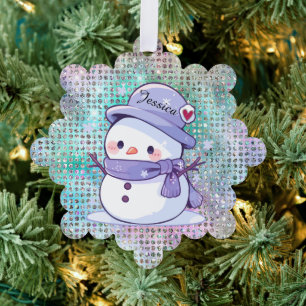 Cute Heart Snow Man Pastel Pattern Name Ornament Card